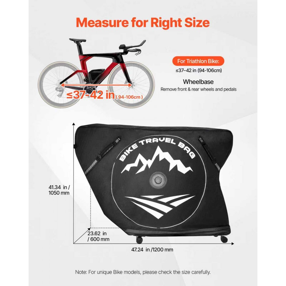 VEVOR Triathlon Bike Travel Bag, Transport Bicycle Storage Carry Bag with TSA Lock & Dual Zipper, Triathlon Bicycle Case Max. Wheelbase 106 cm for Travel, Outdoor Use, Train Airplane Subway Transport