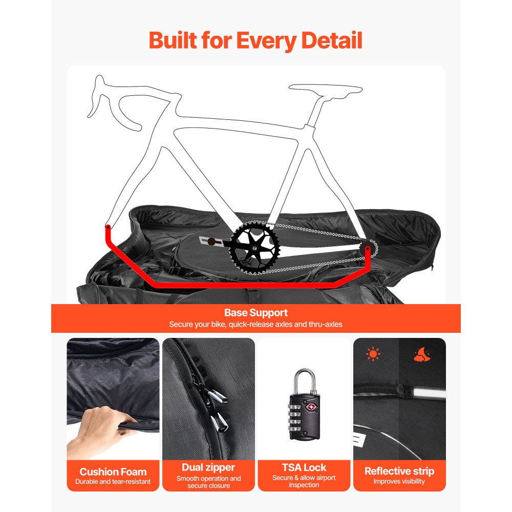 Torba transportowa na rower VEVOR, torba na rower triathlonowy z zamkiem TSA i podwójnym zamkiem błyskawicznym, na rowery o rozstawie osi do 106 cm, do podróży, aktywności na świeżym powietrzu, transportu pociągiem, samolotem i metrem