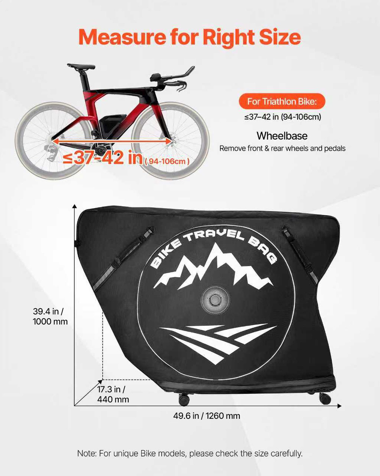 Torba transportowa na rower VEVOR, torba na rower triathlonowy z zamkiem TSA i podwójnym zamkiem błyskawicznym, na rowery o rozstawie osi do 106 cm, do podróży, aktywności na świeżym powietrzu, transportu pociągiem, samolotem i metrem