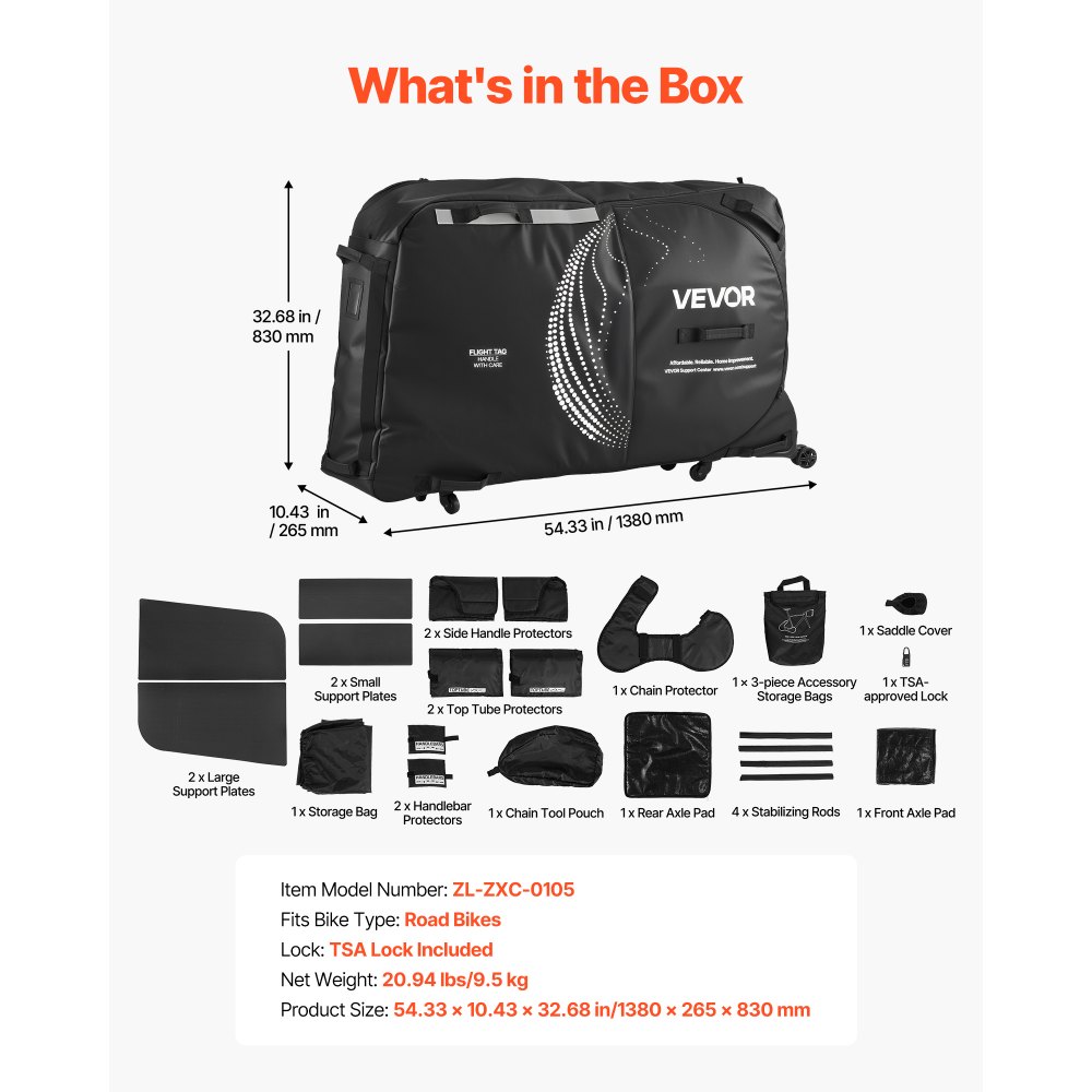 VEVOR Bike Travel Bag, Transport Universal Bicycle Storage Case Bag with TSA Lock, Support Plates, Protection and Fork Mount Stabilisation, Bicycle Case Max. Wheelbase 130 cm for Airplane, Outdoor Use