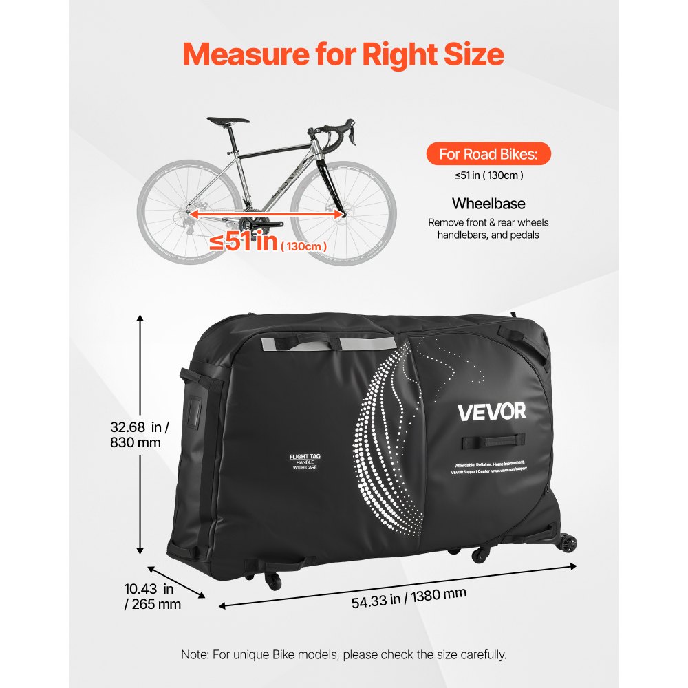 Torba do transportu roweru VEVOR z zamkiem TSA, płytkami podporowymi, zabezpieczeniami i stabilizacją widelca, odpowiednia do rowerów o maksymalnym rozstawie osi 130 cm, do podróży lotniczych i aktywności na świeżym powietrzu