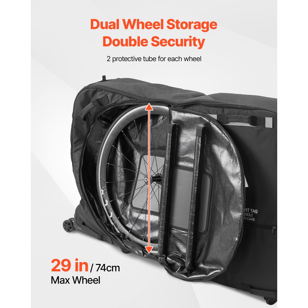 Torba do transportu roweru VEVOR z zamkiem TSA, płytkami podporowymi, zabezpieczeniami i stabilizacją widelca, odpowiednia do rowerów o maksymalnym rozstawie osi 130 cm, do podróży lotniczych i aktywności na świeżym powietrzu
