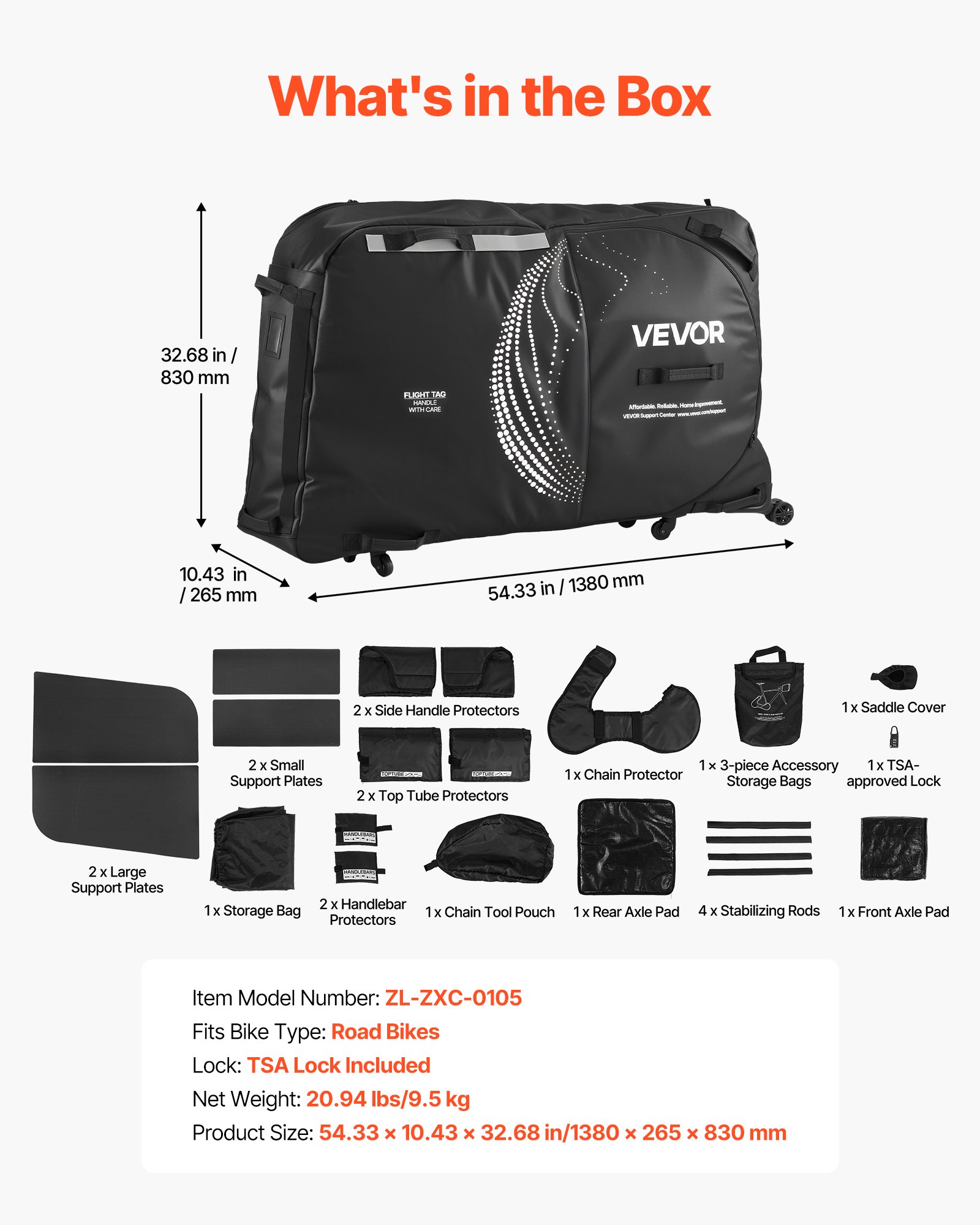 VEVOR Bike Travel Bag, Transport Universal Bicycle Storage Case Bag with TSA Lock, Support Plates, Protection and Fork Mount Stabilisation, Bicycle Case Max. Wheelbase 130 cm for Airplane, Outdoor Use