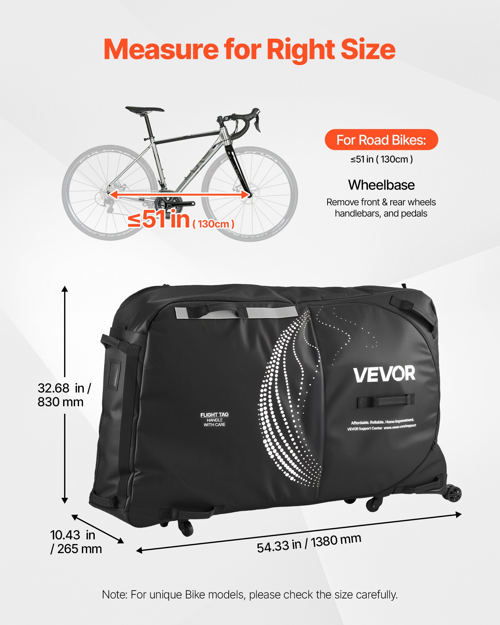 Torba do transportu roweru VEVOR z zamkiem TSA, płytkami podporowymi, zabezpieczeniami i stabilizacją widelca, odpowiednia do rowerów o maksymalnym rozstawie osi 130 cm, do podróży lotniczych i aktywności na świeżym powietrzu