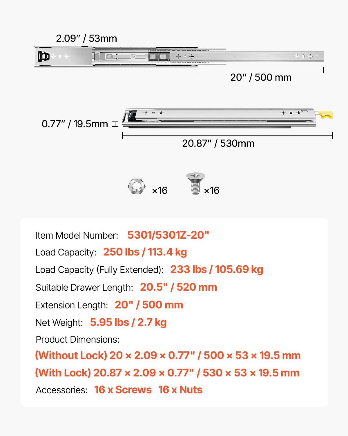 Prowadnice do szuflad VEVOR z pełnym wysuwem, 1 para, blokowane szyny teleskopowe, 500 mm, nośność szyny szuflady 113,4 kg, boczna szyna ślizgowa z łożyskiem kulkowym i blokadą