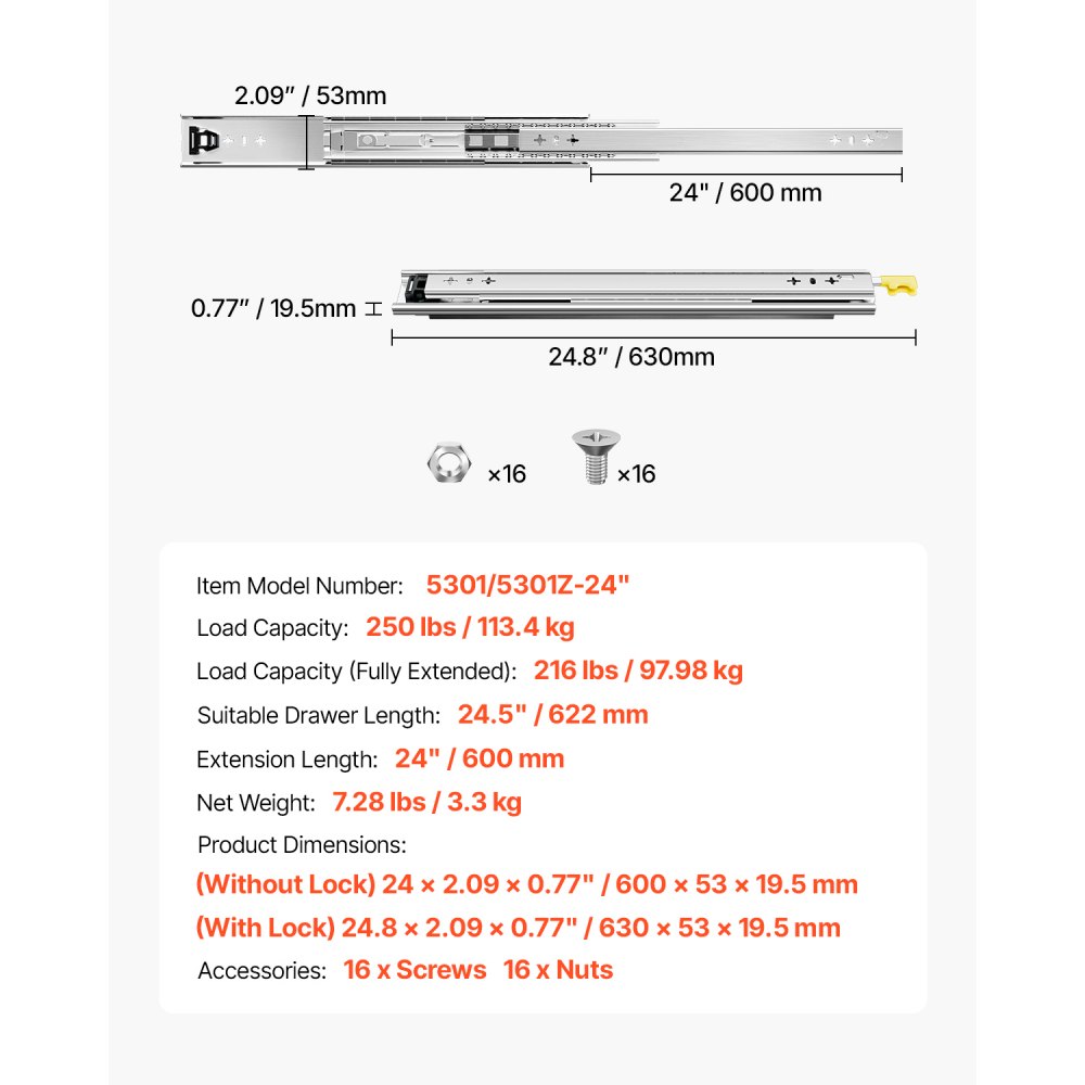 VEVOR 1 para prowadnic do szuflad o pełnym wysuwie 600 mm, udźwig 113,4 kg, prowadnice do szuflad, łożyska kulkowe z blokadą, teleskopowe prowadnice boczne, idealne do szafek i szuflad przemysłowych