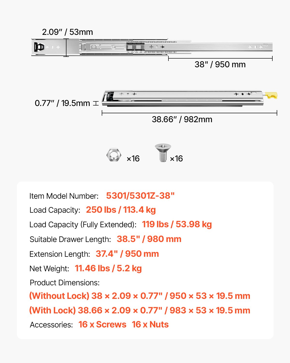 Prowadnice do szuflad VEVOR z pełnym wysuwem, 1 para, szyna szuflady, blokowane prowadnice teleskopowe, 950 mm, nośność 113,4 kg, boczna szyna ślizgowa z łożyskiem kulkowym i blokadą