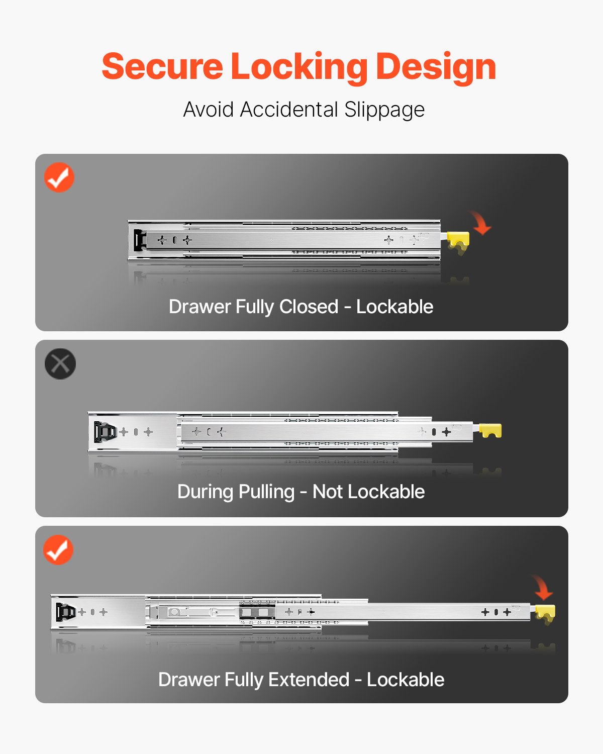 Prowadnice do szuflad VEVOR z pełnym wysuwem, 1 para, blokowane szyny teleskopowe, 1500 mm, nośność szyny szuflady 113,4 kg, boczna szyna ślizgowa z łożyskiem kulkowym i blokadą