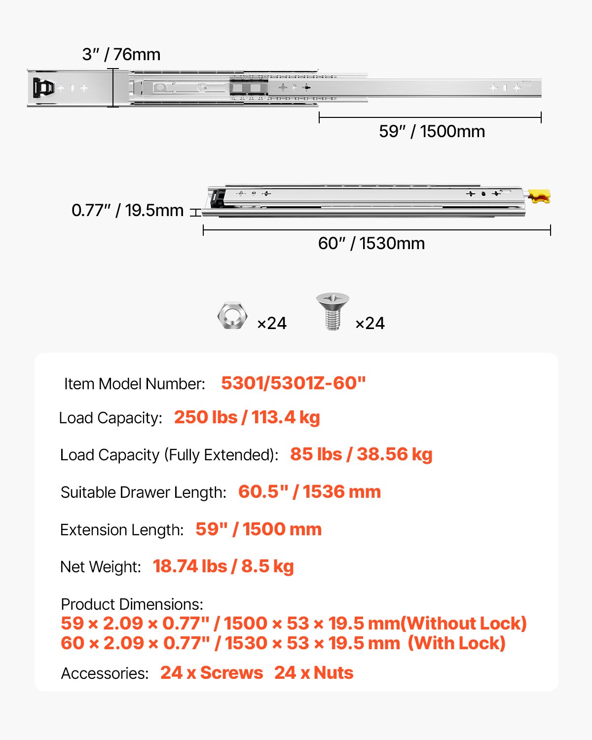Prowadnice do szuflad VEVOR z pełnym wysuwem, 1 para, blokowane szyny teleskopowe, 1500 mm, nośność szyny szuflady 113,4 kg, boczna szyna ślizgowa z łożyskiem kulkowym i blokadą