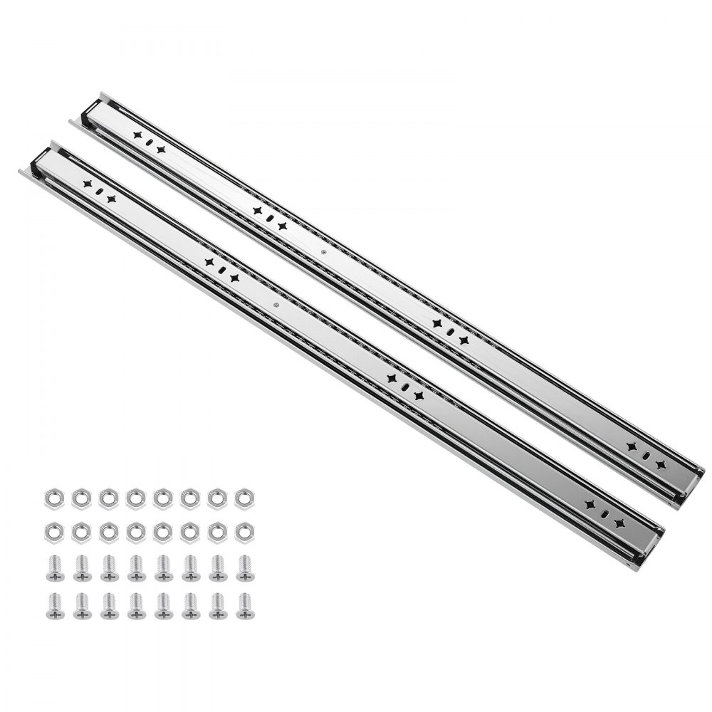 VEVOR 1 para prowadnic do szuflad, prowadnice wysuwne 75 cm o udźwigu 120 kg, prowadnice boczne do szuflad kuchennych, 3-częściowe, pełny wysuw, stal węglowa, łożyska kulkowe, z nakrętkami i śrubami