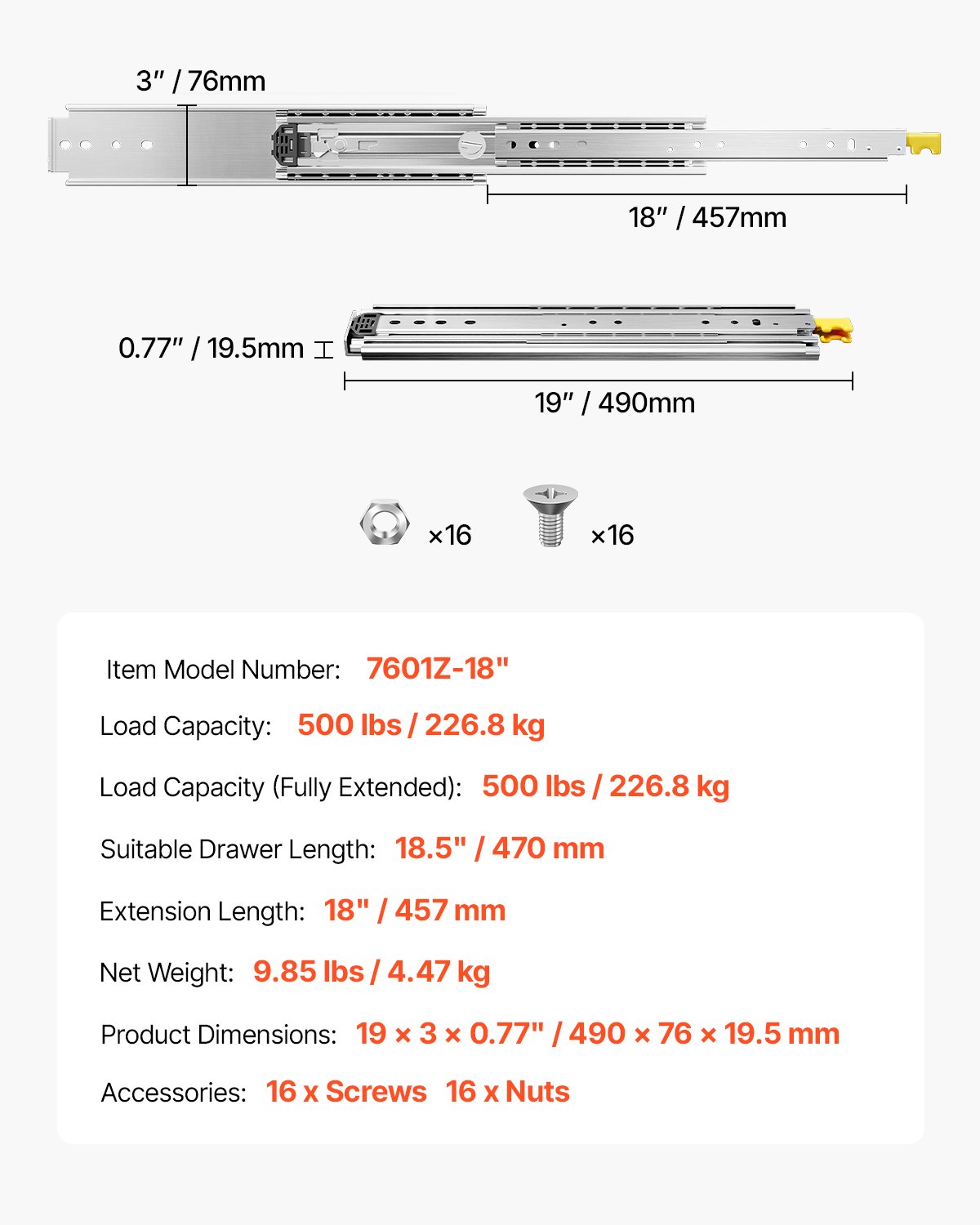 VEVOR 457 mm prowadnice do szuflad z pełnym wysuwem, blokowane szyny teleskopowe, 1 para, prowadnica szuflady, nośność 226,8 kg, boczna szyna ślizgowa z łożyskiem kulkowym i blokadą
