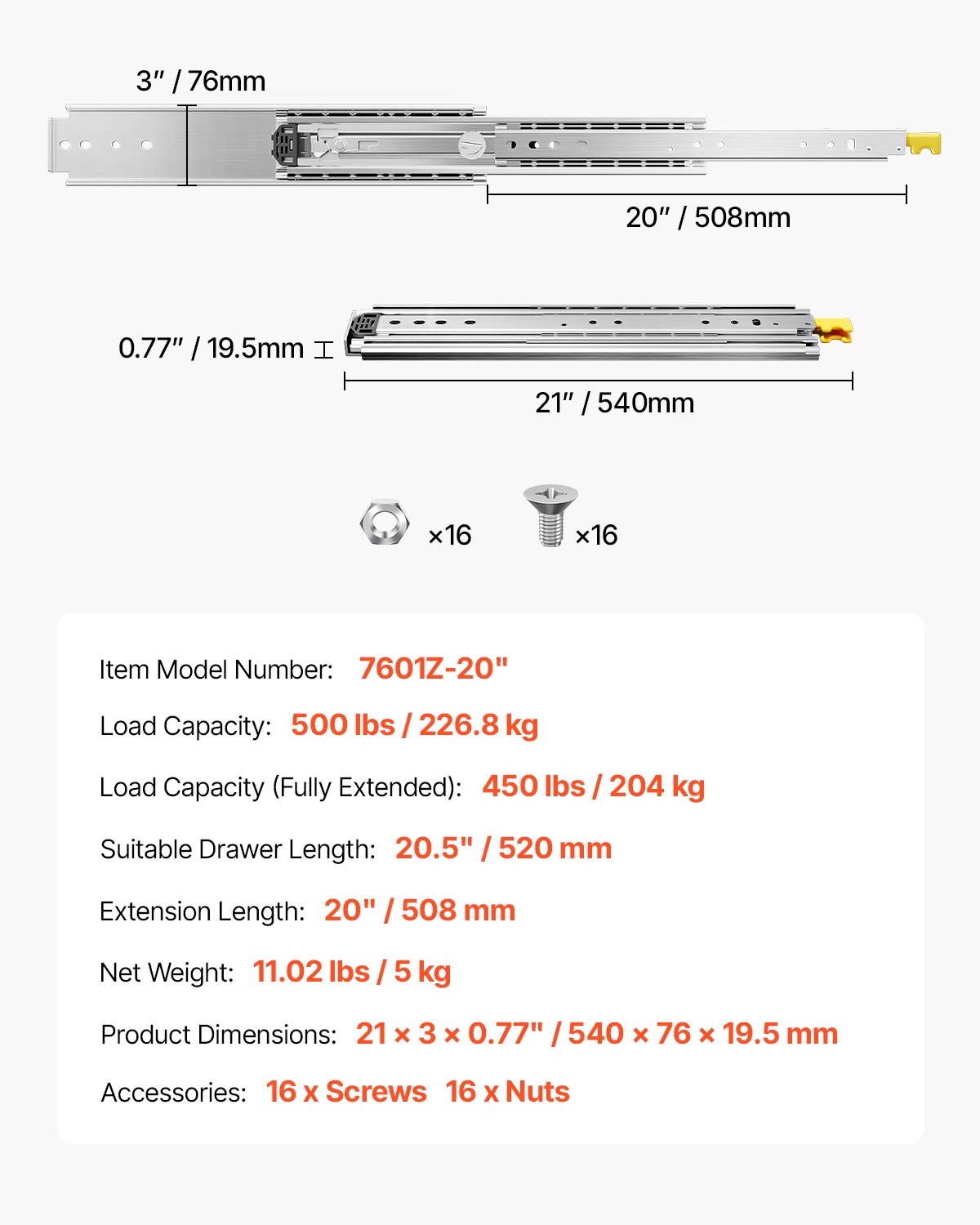VEVOR 508 mm prowadnice do szuflad z pełnym wysuwem, blokowane prowadnice do szuflad, 1 para, nośność 226,8 kg, szyna ślizgowa montowana z boku z łożyskiem kulkowym i blokadą