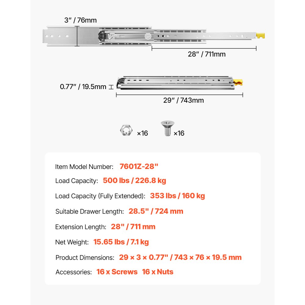 VEVOR 1 Para prowadnic do szuflad z pełnym wysuwem 711 mm, nośność 226 kg, prowadnice do szuflad, łożyska kulkowe z blokadą, prowadnice teleskopowe montowane z boku, idealne do szafek i szuflad przemysłowych