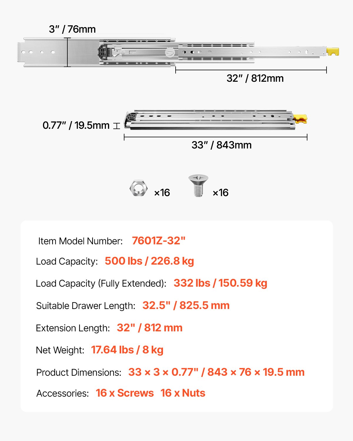 VEVOR 1 pair of full-extension drawer slides, 812 mm, 226 kg load capacity, drawer guides, ball bearings with locking mechanism, side-mounted telescopic slides, ideal for cabinets and industrial drawers