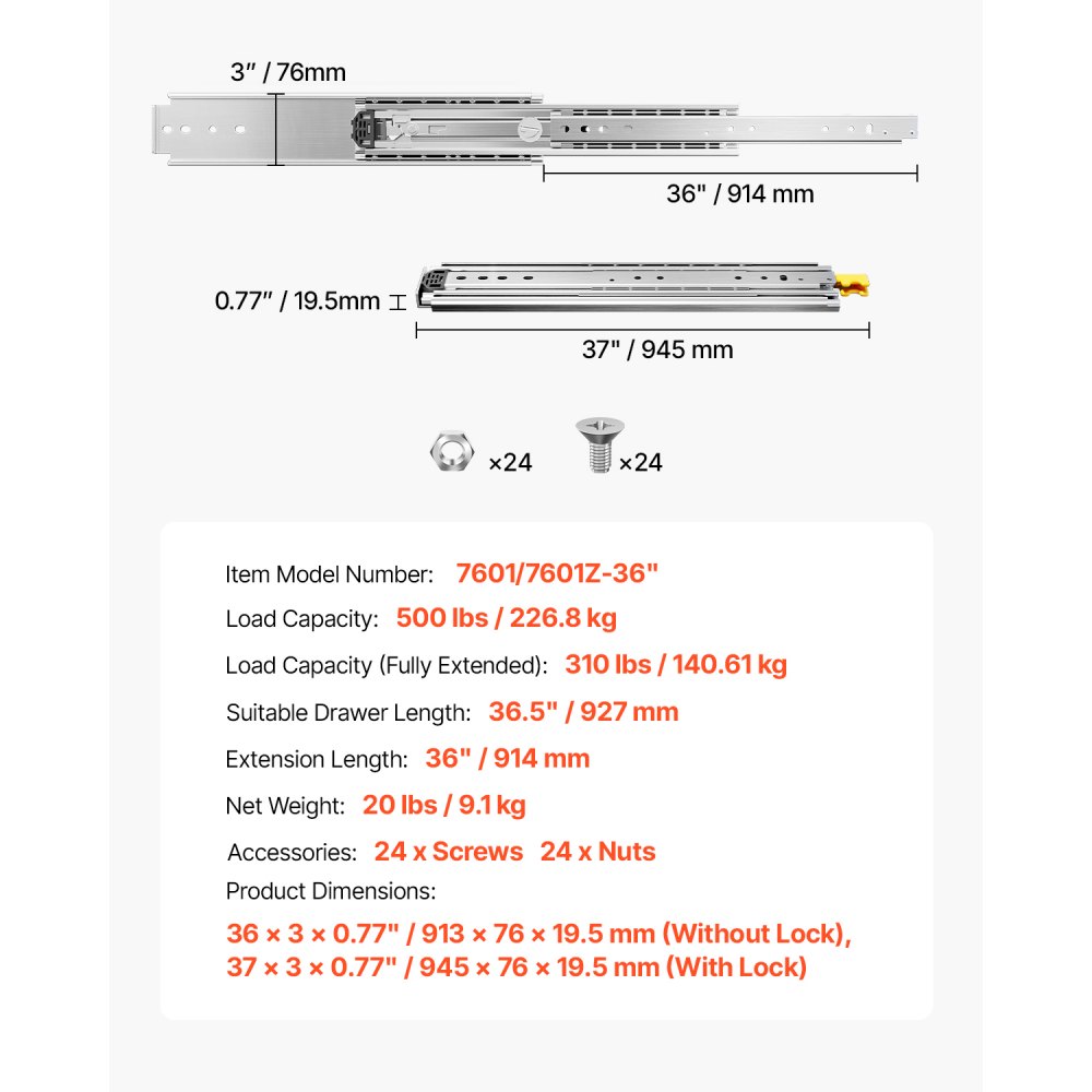 VEVOR 1 Para prowadnic do szuflad z pełnym wysuwem 914 mm, udźwig 226 kg, prowadnice do szuflad, łożyska kulkowe z blokadą, prowadnice teleskopowe montowane z boku do półek, szafek, szuflad przemysłowych