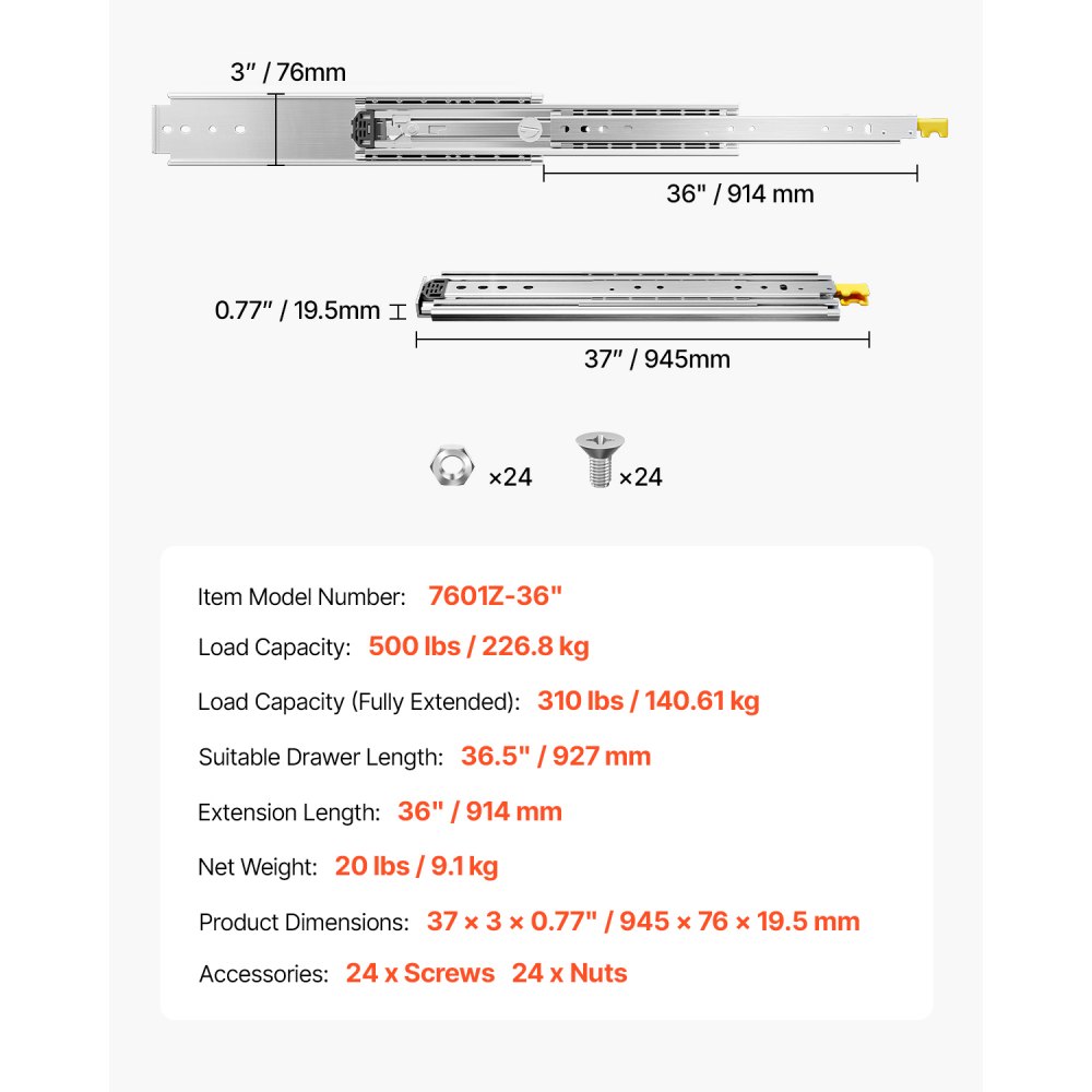 VEVOR 1 pair of full-extension drawer slides, 914 mm, 226 kg load capacity, drawer guide, ball bearing with locking mechanism, side-mounted telescopic slides, ideal for shelves, cabinets, industrial drawers
