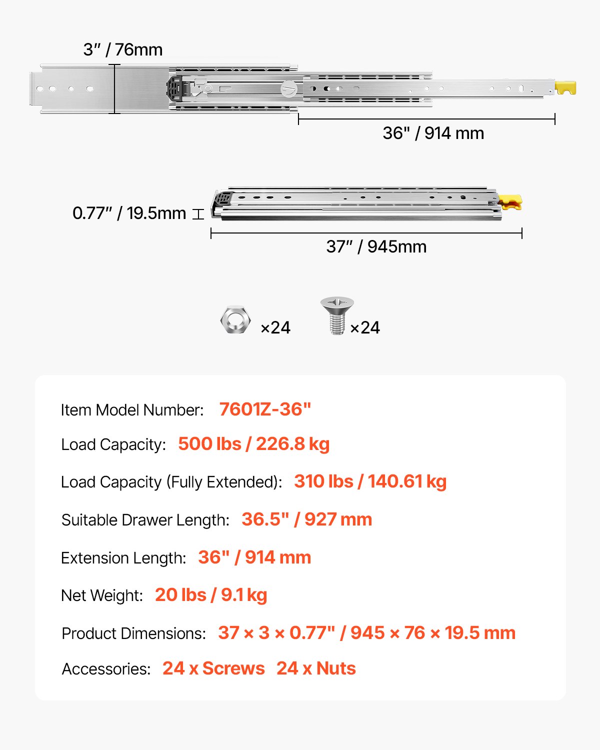 VEVOR 1 Para prowadnic do szuflad z pełnym wysuwem 914 mm, nośność 226 kg, prowadnica szuflady, łożysko kulkowe z blokadą, prowadnice teleskopowe montowane z boku, idealne do półek, szafek, szuflad przemysłowych