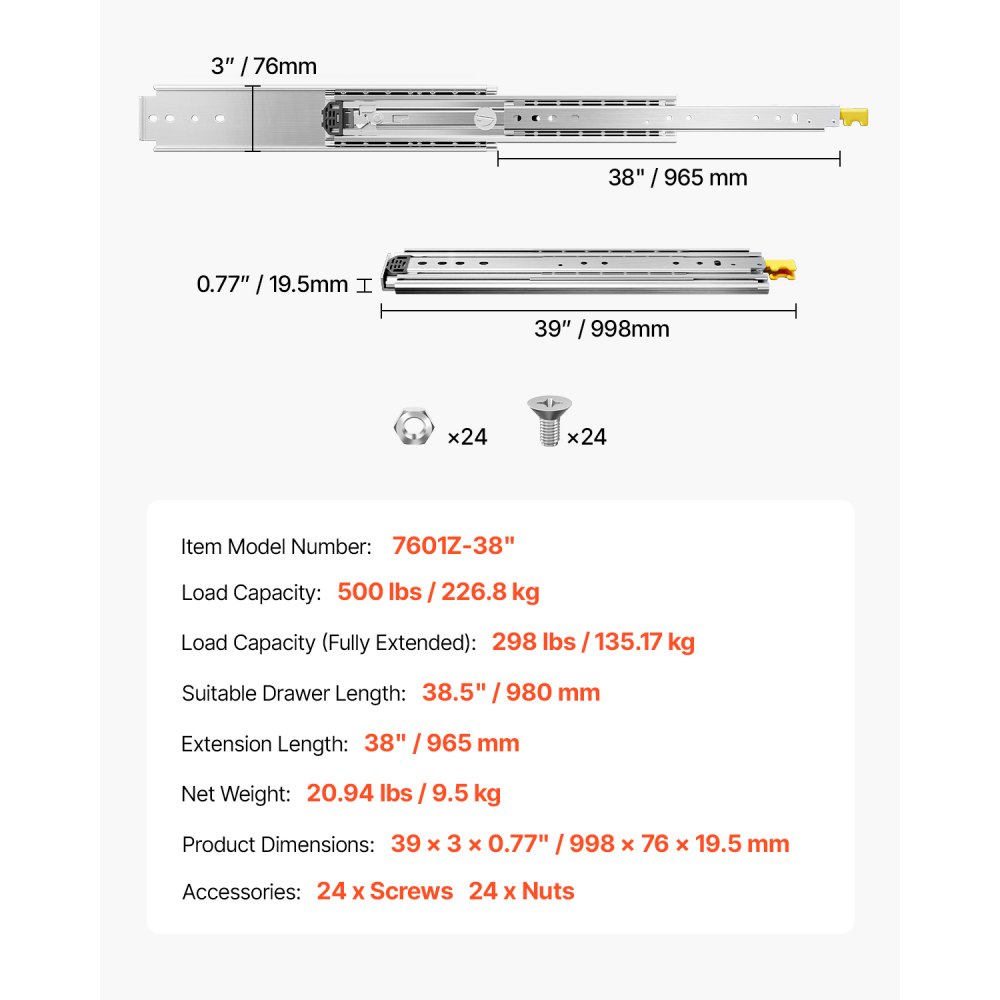 VEVOR 1 para prowadnic do szuflad z pełnym wysuwem, 965 mm, udźwig 226,8 kg, prowadnice do szuflad, łożyska kulkowe z blokadą, teleskopowe prowadnice boczne do półek, szafek, szuflad przemysłowych
