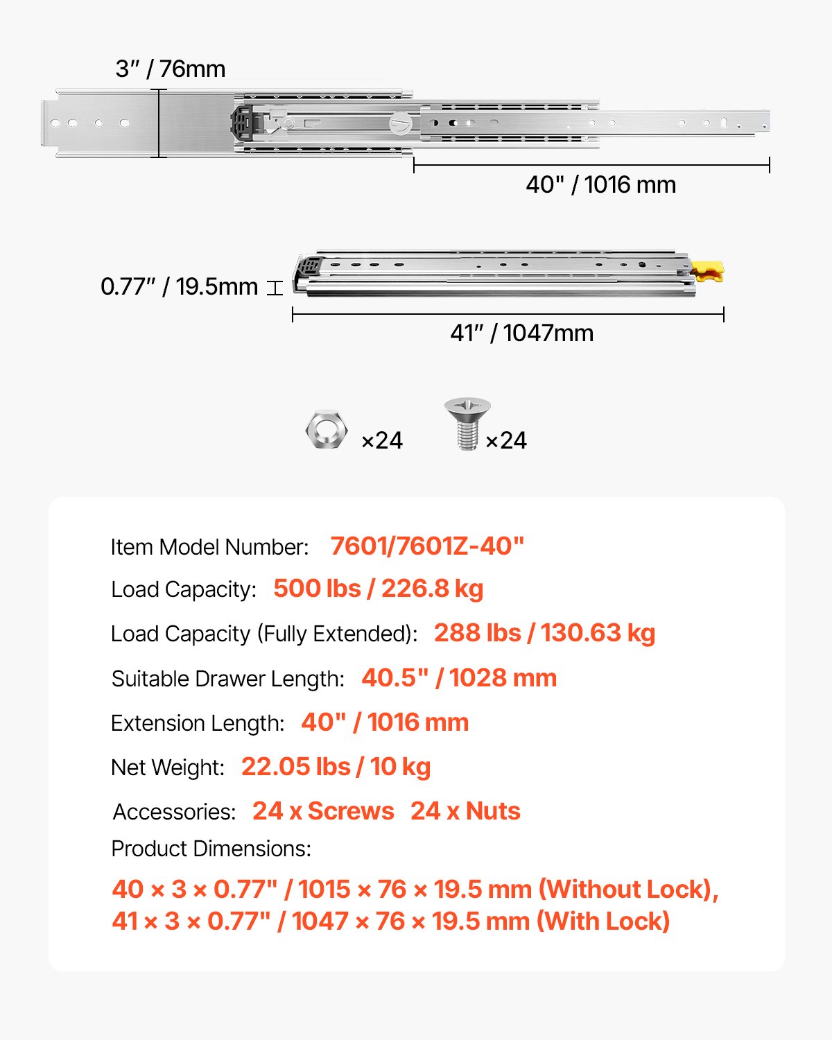 VEVOR 1 para prowadnic do szuflad z pełnym wysuwem 1016 mm, udźwig 226 kg, prowadnice do szuflad, łożyska kulkowe z blokadą, prowadnice teleskopowe montowane z boku do półek, szafek, szuflad przemysłowych