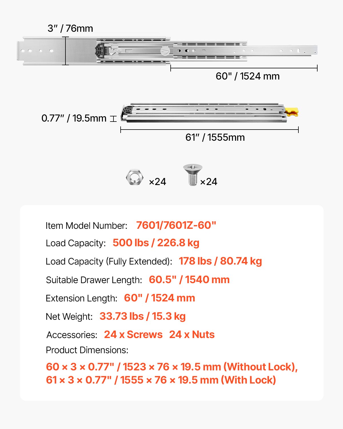 Prowadnice do szuflad VEVOR z pełnym wysuwem, 1 para szyn teleskopowych, pełny wysuw, prowadnica szuflady 1524 mm, nośność 226,8 kg, szyna ślizgowa montowana z boku z łożyskiem kulkowym i blokadą