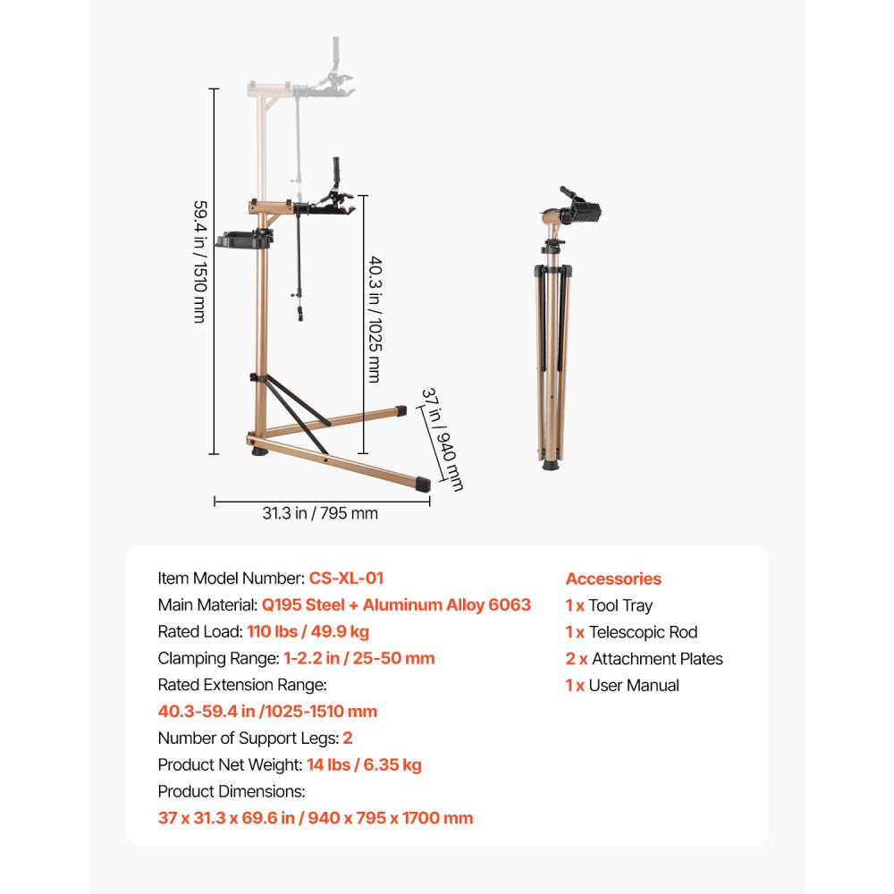 Stojak do naprawy rowerów VEVOR, udźwig 49,9 kg, z regulowaną wysokością w zakresie 1025–1510 mm i dużą tacką na narzędzia, składany stojak do konserwacji rowerów górskich i szosowych