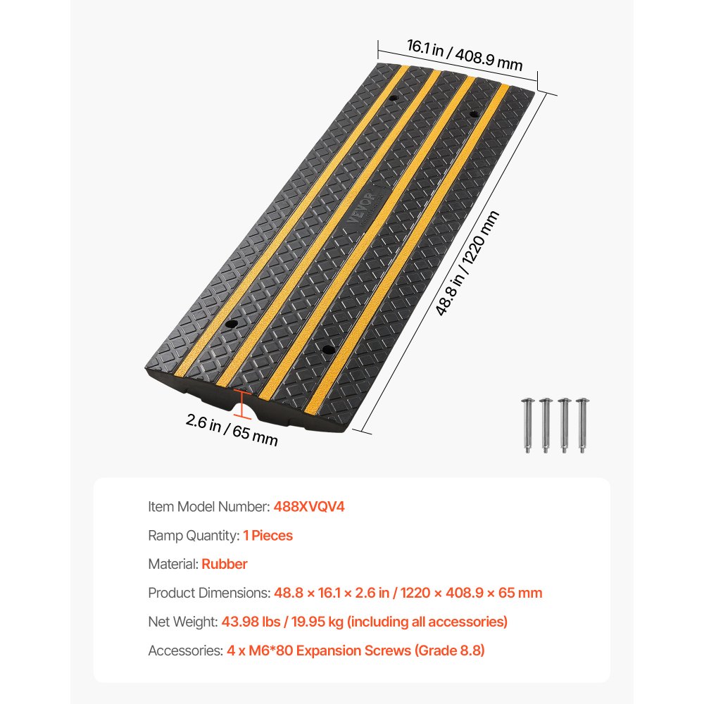 VEVOR Gumowa rampa krawężnikowa, udźwig 15 ton, wznios 66 mm, rampa podjazdowa z żółtymi paskami odblaskowymi, rampa progowa odpowiednia do ramp załadunkowych, magazynów, garaży, chodników (1 opakowanie)