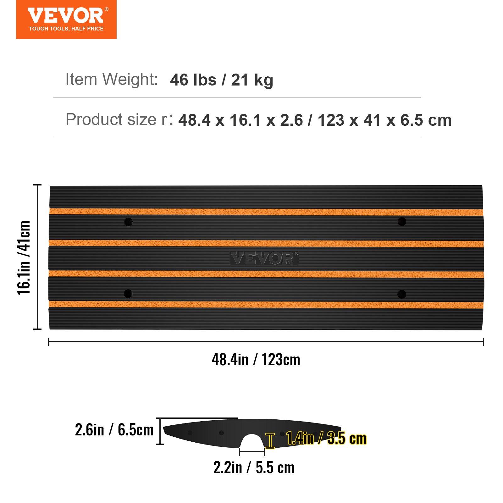 Rampa progowa VEVOR z solidnej gumy, progowa, maks. nośność 15 ton, rampa krawężnikowa z kanałem 5,5 x 3,5 cm, rampa dla wózków inwalidzkich, 122 x 40,5 x 6,5 cm, rampa wjazdowa idealna na nierówne krawężniki