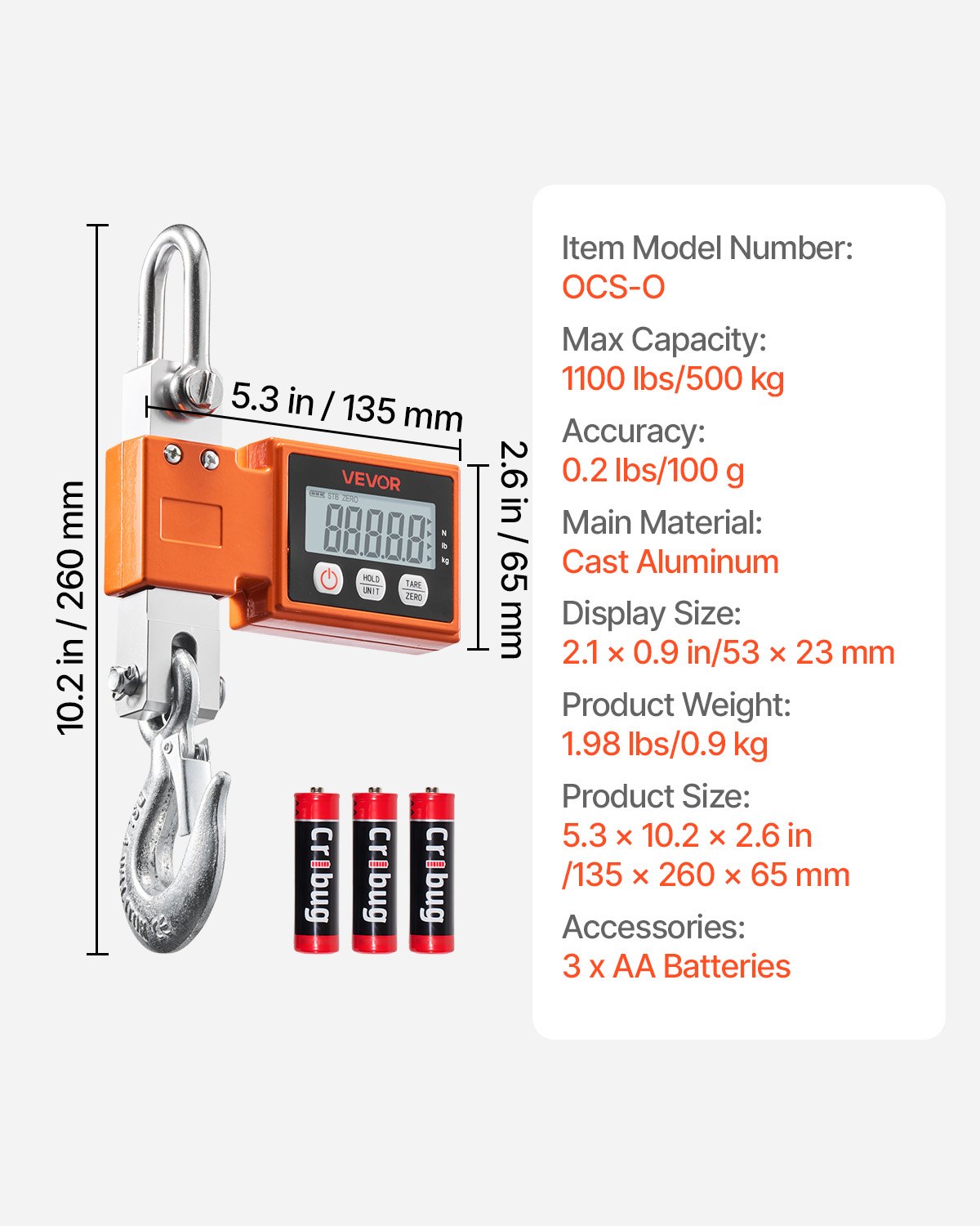 VEVOR Digital Crane Scale, 1100 lbs/500 kg Max Capacity, Heavy Duty Industrial Hanging Scale with Cast Aluminum Case & LCD Display, 100 g Division & 3 Unit Switch, Auto-Off Setting for Garage