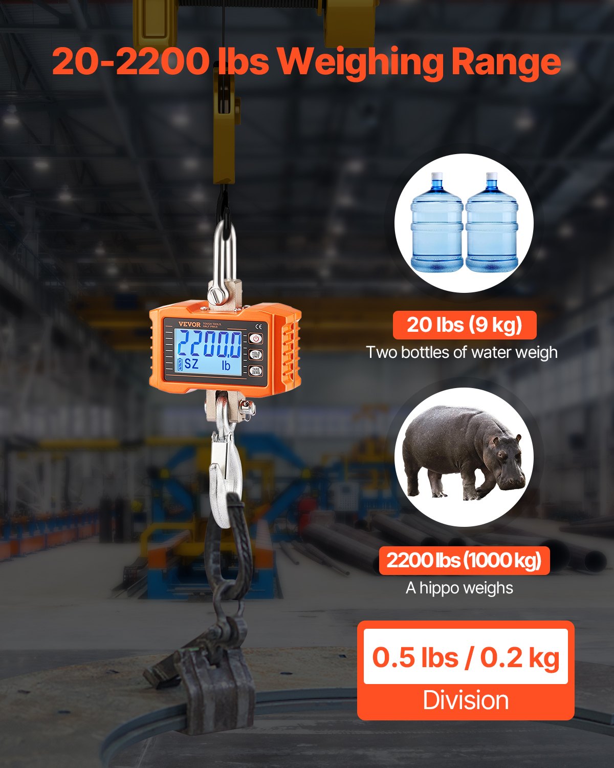 VEVOR Przemysłowa waga wisząca, 1000 kg, wytrzymała cyfrowa waga dźwigowa ze zdalnym sterowaniem, waga obciążeniowa, obudowa z odlewu aluminiowego, precyzyjny wyświetlacz LCD do zastosowań w budownictwie, fabrykach, gospodarstwach rolnych i na polowaniach, kolor pomarańczowy