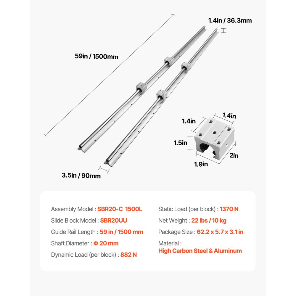 VEVOR Prowadnica liniowa, 2 szt. szyny prowadzącej ze stali węglowej SBR20-1500 mm, aluminiowa, z 4 blokami ślizgowymi SBR20UU, bloki łożysk liniowych, części CNC do drukarek 3D, frezarek/tokarki
