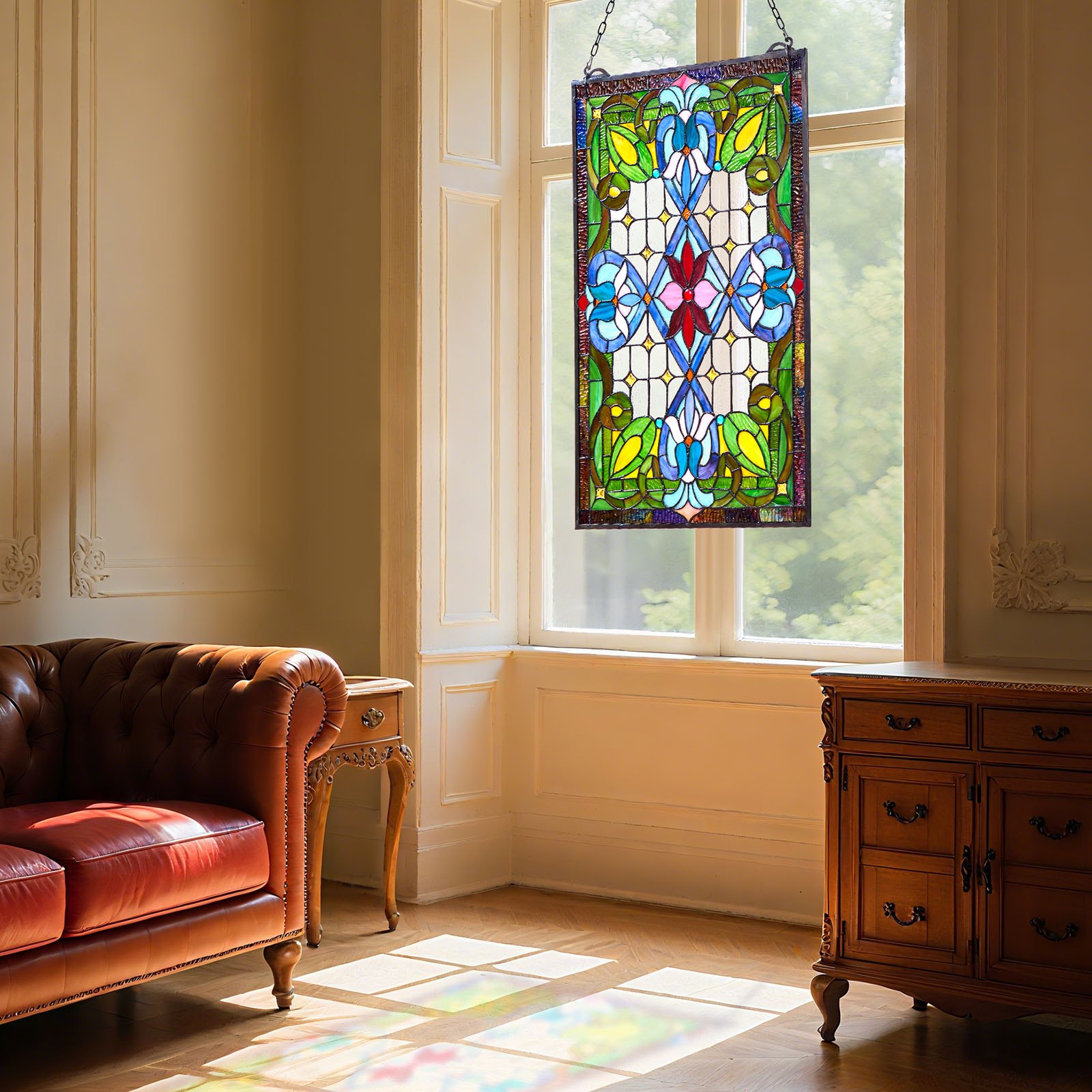 Panel witrażowy VEVOR (731 x 433 mm) wiszący witraż z łańcuszkiem, witraż w stylu Tiffany do zawieszenia, tradycyjny prostokątny, zabytkowy, rękodzielniczy wystrój okienny do kuchni i kościoła