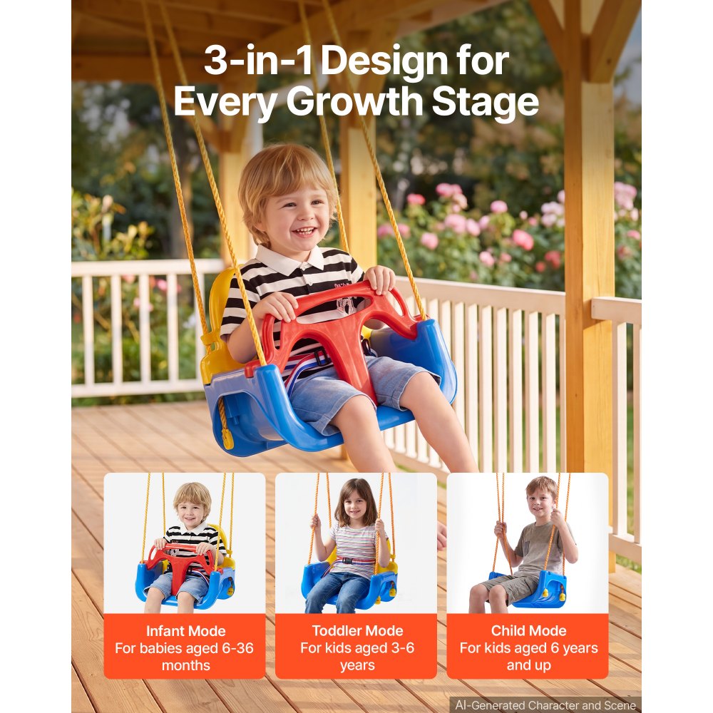 VEVOR 3-w-1 huśtawka dla niemowląt, udźwig 136 kg, huśtawka dziecięca, kolor czerwony/żółty/niebieski, do placów zabaw wewnątrz i na zewnątrz, z regulowanymi linami i karabińczykami, dla dzieci od 6. miesiąca życia, certyfikaty CE i CPC