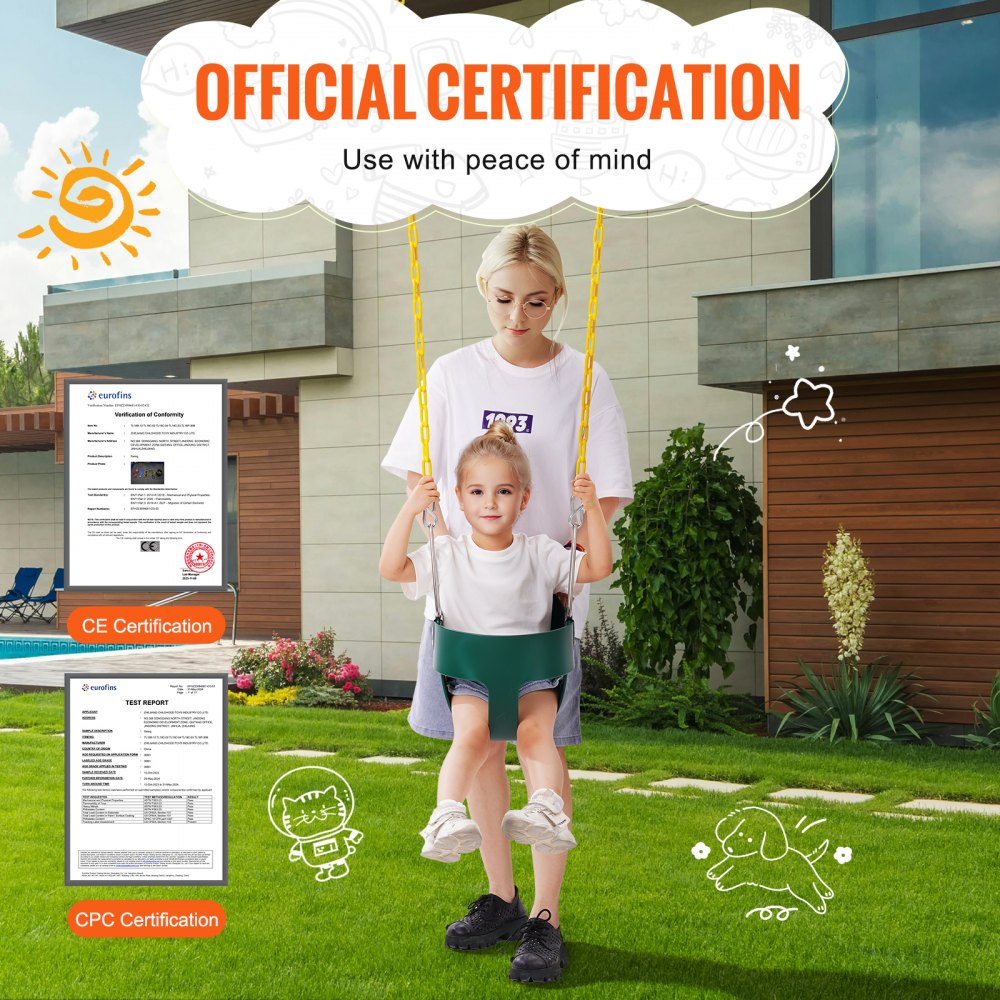 VEVOR Fotelik huśtawkowy dla niemowląt z wysokim oparciem i pełną skorupą, z powlekanymi łańcuchami i karabińczykami, udźwig 68 kg, huśtawka ogrodowa, dla dzieci od 3 lat