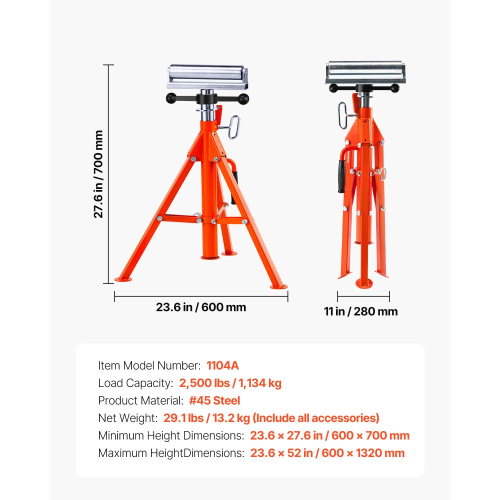 VEVOR Roller Stand 1134kg Load Capacity Roller Stand #45 Steel Roller Stand Height Adjustable from 700 to 1320mm Folding Stand Support Stand Work Stand Mounting Stand for Table Saw Planer Sander