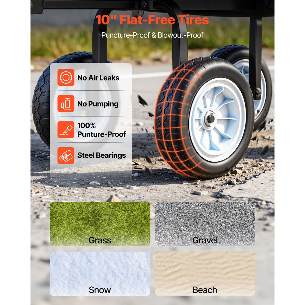 Wózek ręczny VEVOR, udźwig 226,8 kg, wózek ogrodowy z siedziskiem i kołami poliuretanowymi, wózek transportowy z tacką na narzędzia i regulowanym uchwytem, ​​wózek na sprzęt do trawnika, patio i ogrodu, czarny