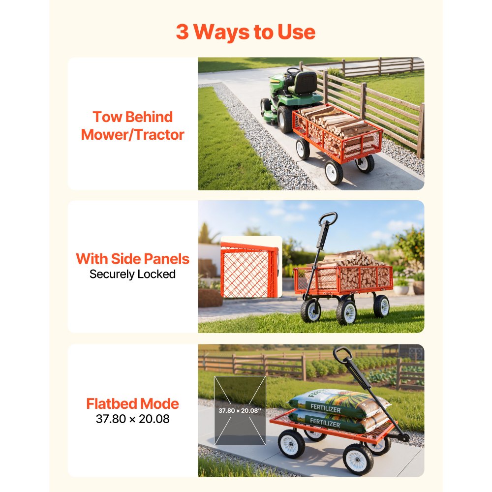 VEVOR Garden Cart, 408.2 kg, Heavy Duty Steel Yard and Garden Utility Wagon with 10-Inch Tires, Outdoor Gardening Stool with Adjustable Handle, Detachable Side Panels, Attach to ATV or Tractor, Red