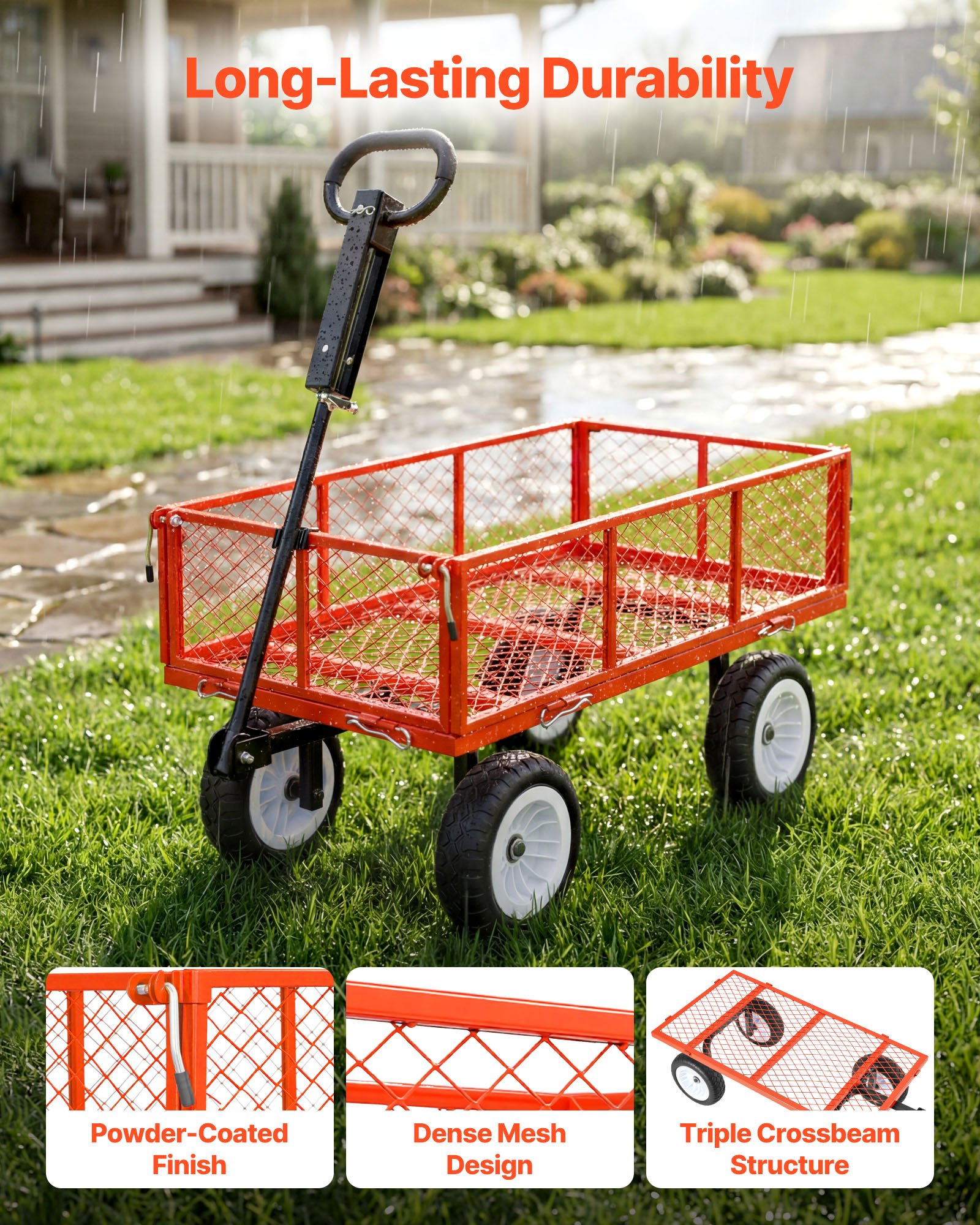 VEVOR Garden Cart, 408.2 kg, Heavy Duty Steel Yard and Garden Utility Wagon with 10-Inch Tires, Outdoor Gardening Stool with Adjustable Handle, Detachable Side Panels, Attach to ATV or Tractor, Red
