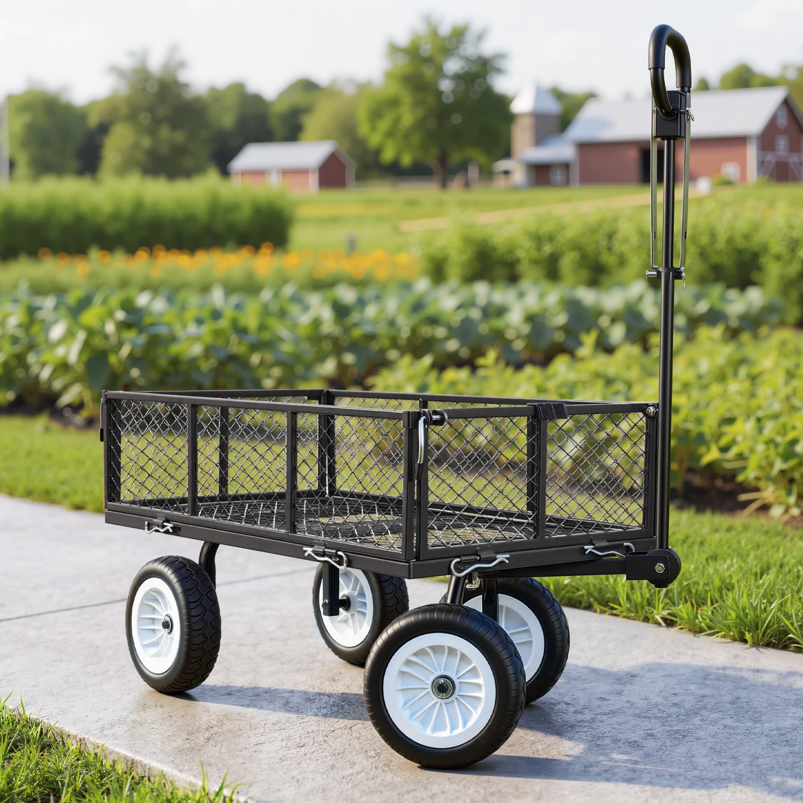 Wózek składany VEVOR, ładowność 408,2 kg, wózek ogrodowy z oponami poliuretanowymi, wózek transportowy z regulowanym uchwytem, ​​zdejmowane panele boczne, wózek ręczny do przymocowania do quada lub traktora, kolor czarny