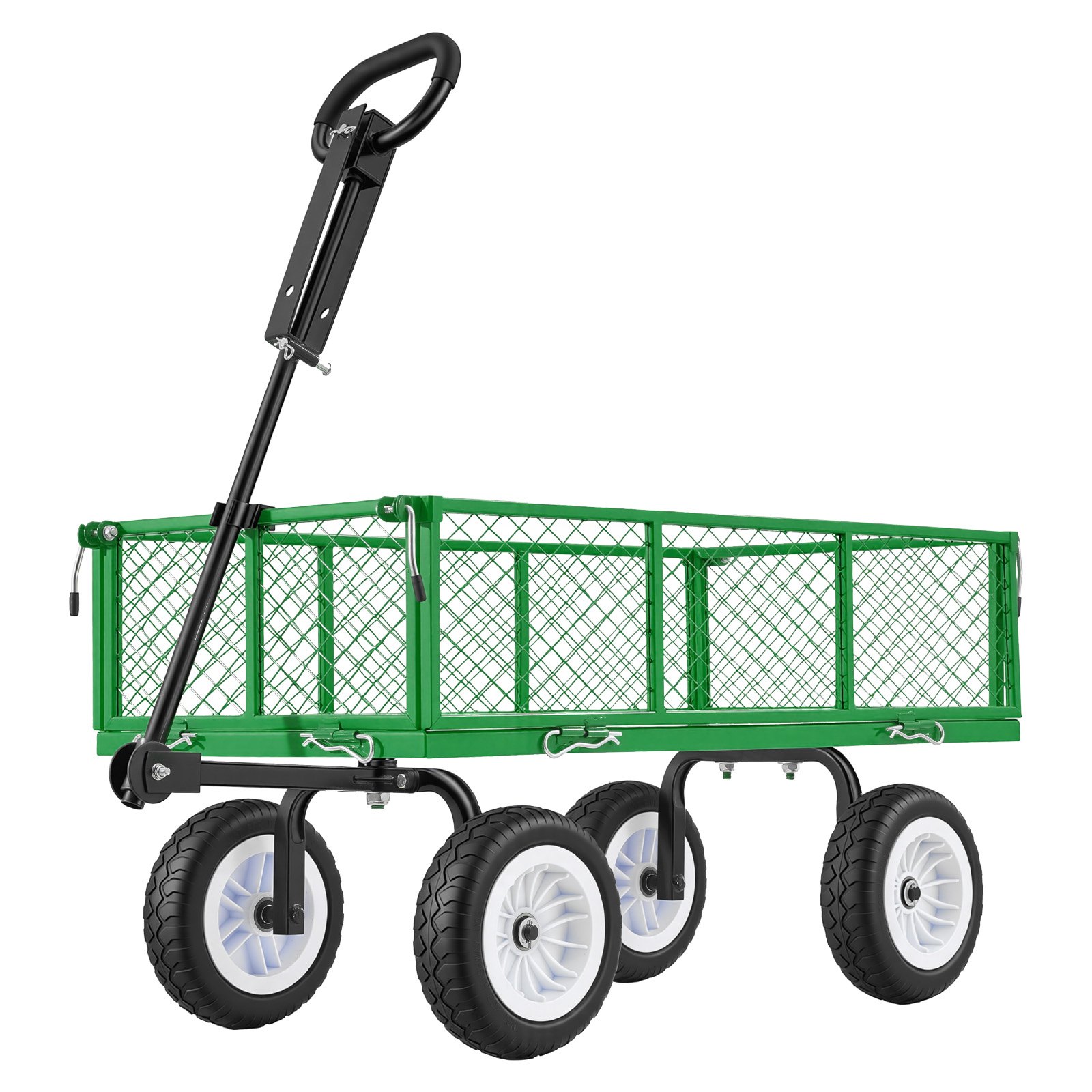 Wózek ręczny VEVOR, ładowność 408,2 kg, wózek ogrodowy z oponami poliuretanowymi, stalowy wózek transportowy z regulowanym uchwytem, ​​zdejmowane panele boczne, wózek na sprzęt do przymocowania do quada lub traktora, zielony
