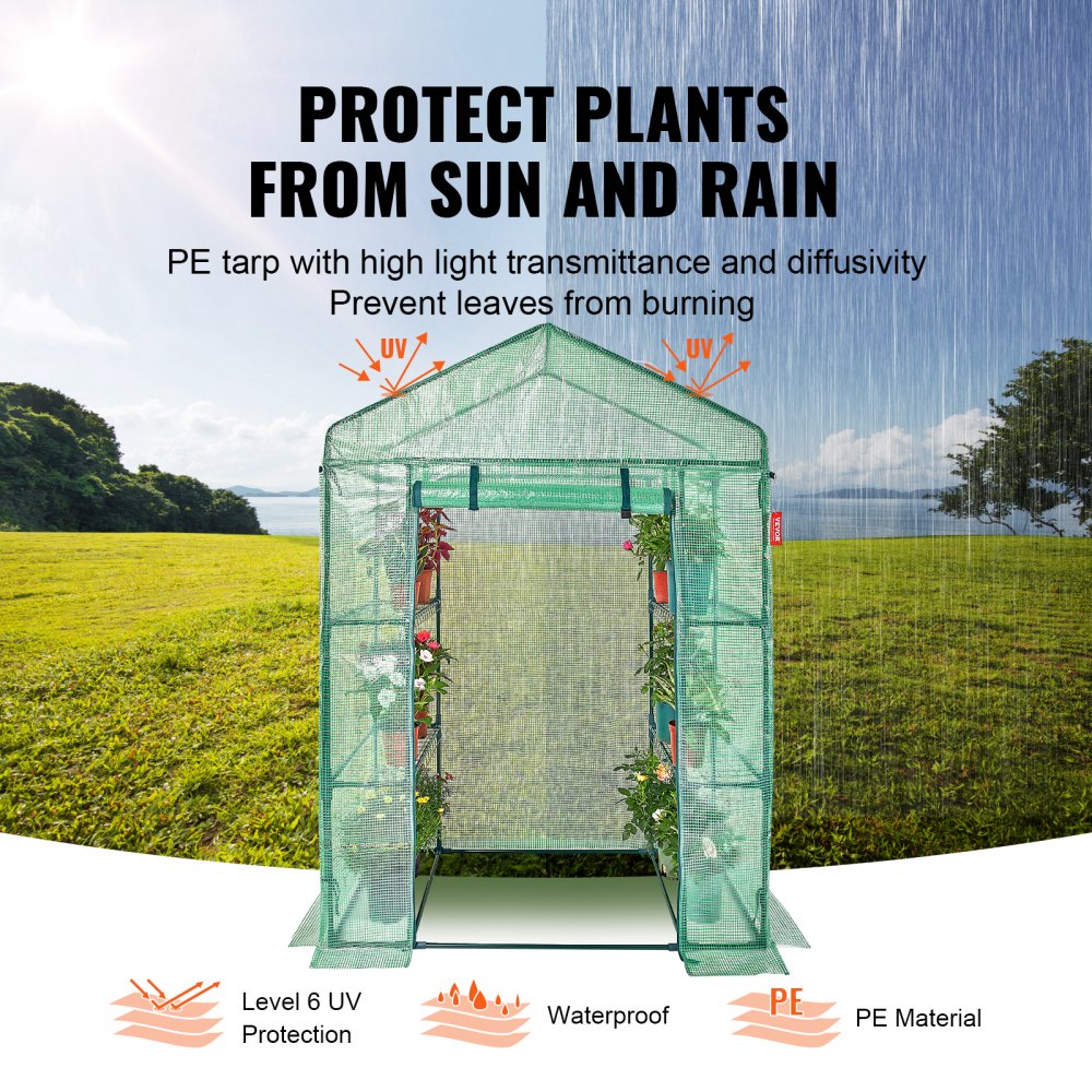 Szkółka ogrodowa VEVOR 141x74,5x205 cm, szklarnia do pomidorów, nośność 15 kg, szklarnia, domek ogrodowy, rama zimowa, materiał PE, rura stalowa, szklarnia do pomidorów, szklarnia do warzyw z 4 półkami, domek na rośliny