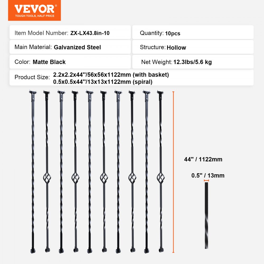 VEVOR drążek balustrady, drążek bramy, drążek dekoracyjny, drążek ogrodzeniowy, stal ocynkowana 56 x 56 x 1122 mm, tralki, drążek schodowy, szczeble schodowe, matowa czerń, idealny do schodów i poręczy wewnątrz pomieszczeń
