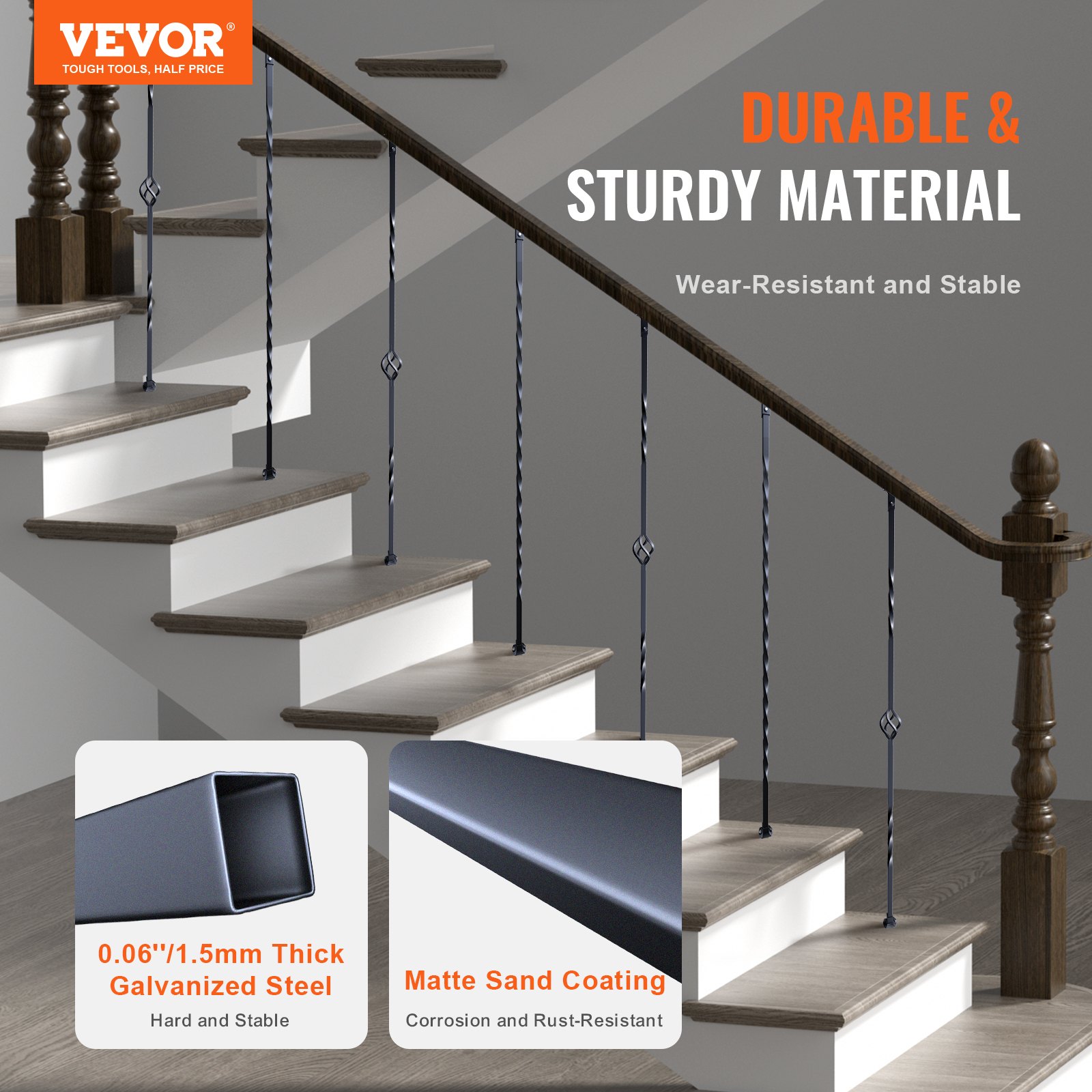 VEVOR drążek balustrady, drążek bramy, drążek dekoracyjny, drążek ogrodzeniowy, stal ocynkowana 56 x 56 x 1122 mm, tralki, drążek schodowy, szczeble schodowe, matowa czerń, idealny do schodów i poręczy wewnątrz pomieszczeń