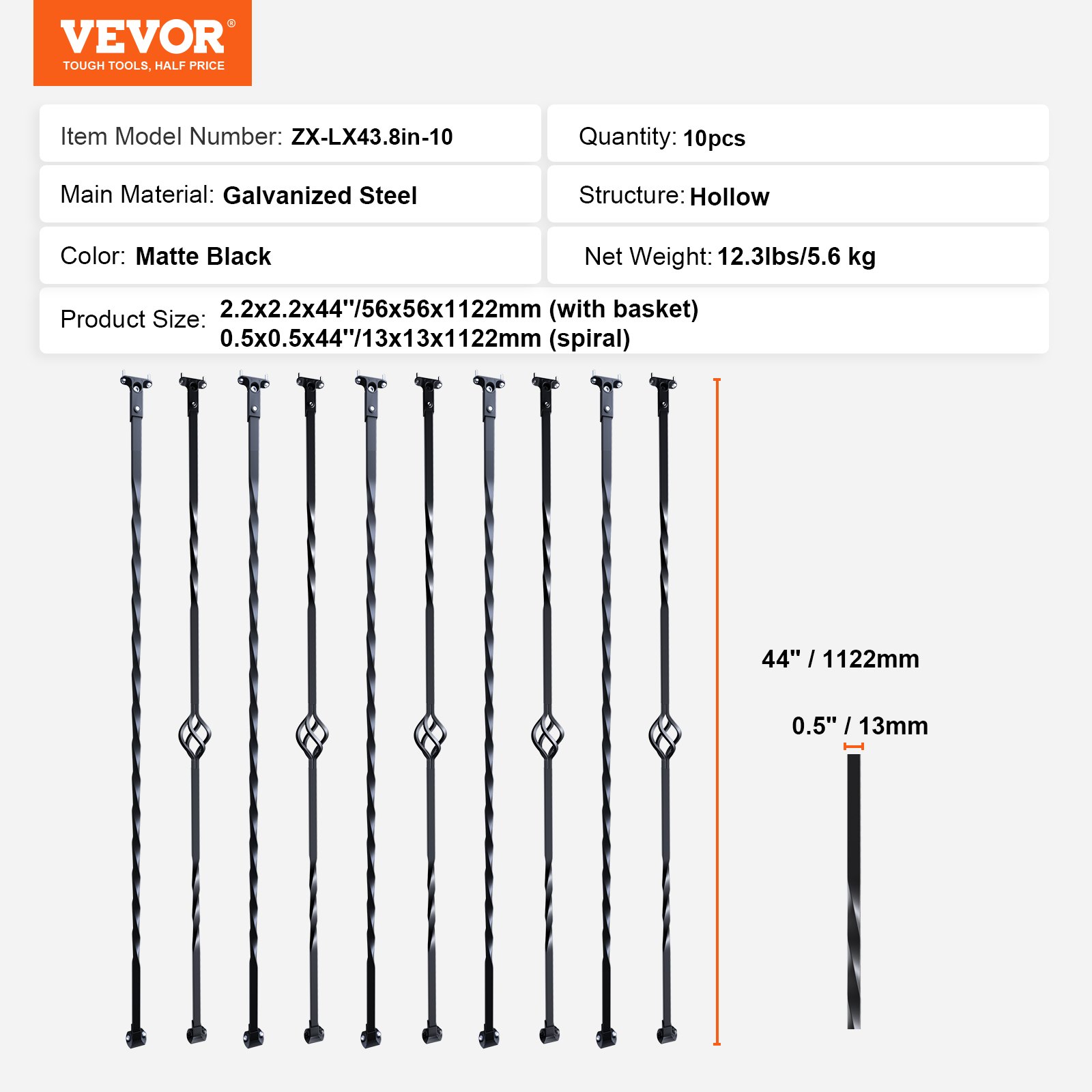 VEVOR drążek balustrady, drążek bramy, drążek dekoracyjny, drążek ogrodzeniowy, stal ocynkowana 56 x 56 x 1122 mm, tralki, drążek schodowy, szczeble schodowe, matowa czerń, idealny do schodów i poręczy wewnątrz pomieszczeń
