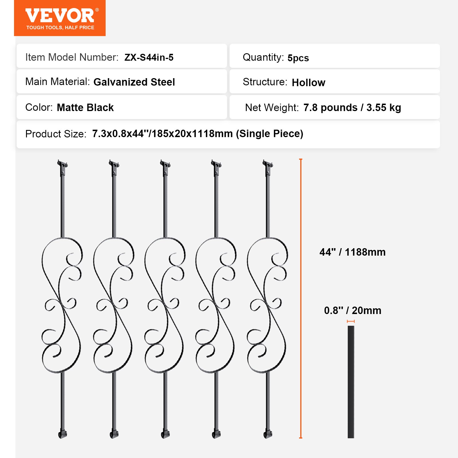 VEVOR drążek balustrady, drążek bramy, drążek dekoracyjny, drążek ogrodzeniowy, stal ocynkowana 185 x 20 x 1118 mm, tralki, drążek schodowy, szczeble schodowe, matowa czerń, idealny do schodów i poręczy wewnątrz pomieszczeń