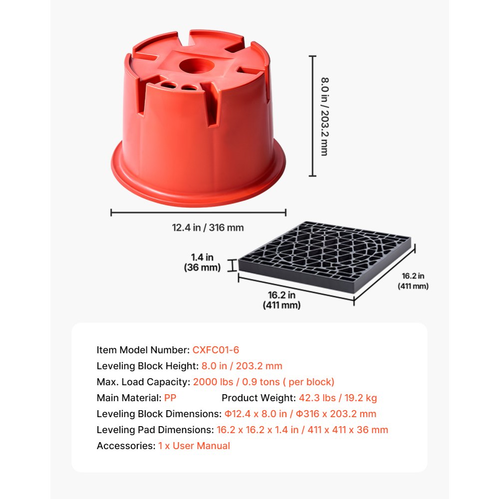 VEVOR 6 bloków podnośnika przyczepy (wysokość 203,2 mm, nośność 908 kg) + 2 podkładki podnośnika przyczepy, 8-częściowy zestaw do poziomowania o dużej wytrzymałości do pojazdów kempingowych 5. generacji z klimatyzacją