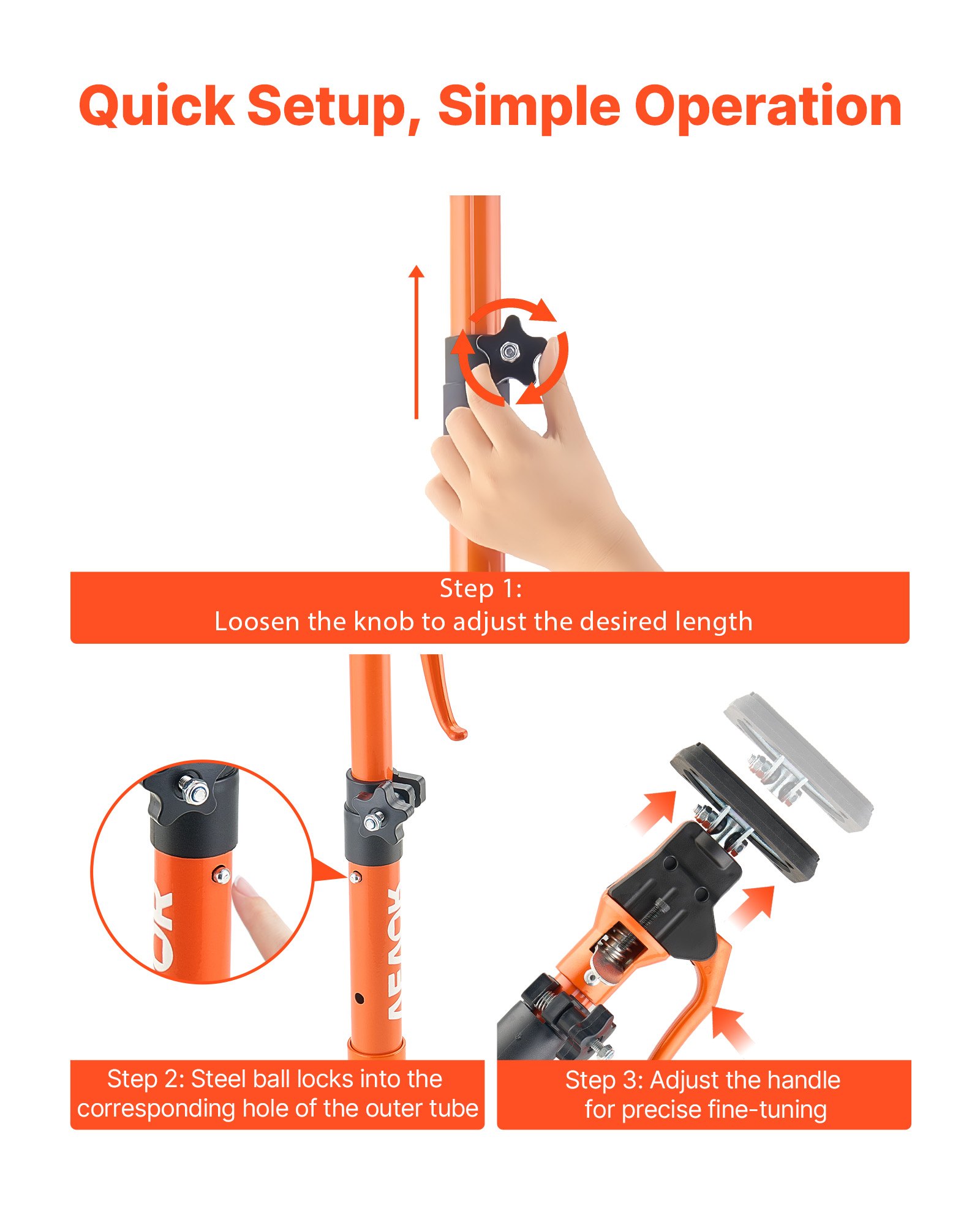 Podnośnik podporowy VEVOR obsługiwany jedną ręką, 2 sztuki, podpora sufitowa 48-75 cm, teleskopowy stalowy podnośnik, podpora montażowa o udźwigu do 100 kg do montażu szafek, podnoszenia płyt gipsowo-kartonowych, słupków ładunkowych