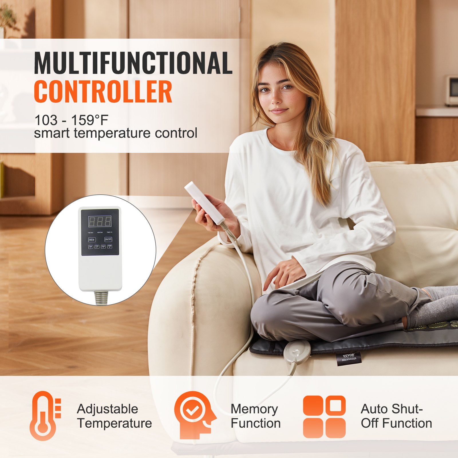 Poduszka grzewcza na podczerwień VEVOR, 48 kamieni naturalnego jadeitu i 24 kamienie turmalinu, łagodząca ból pleców, temperatura 103–159°F, z inteligentnym kontrolerem i automatycznym wyłączaniem (rozmiar średni, 31,7 x 22 cale)