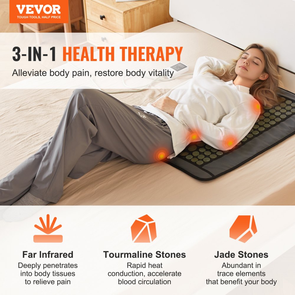 VEVOR Far Infrared Heating Pad, 108 Natural Jade and 42 Tourmaline Stone Heating Pads for Full Back Pain Relief, 103-159°F Heating Pad with Smart Controller and Automatic Shut-Off (Medium Size 31.5 x 21.93 Inches)