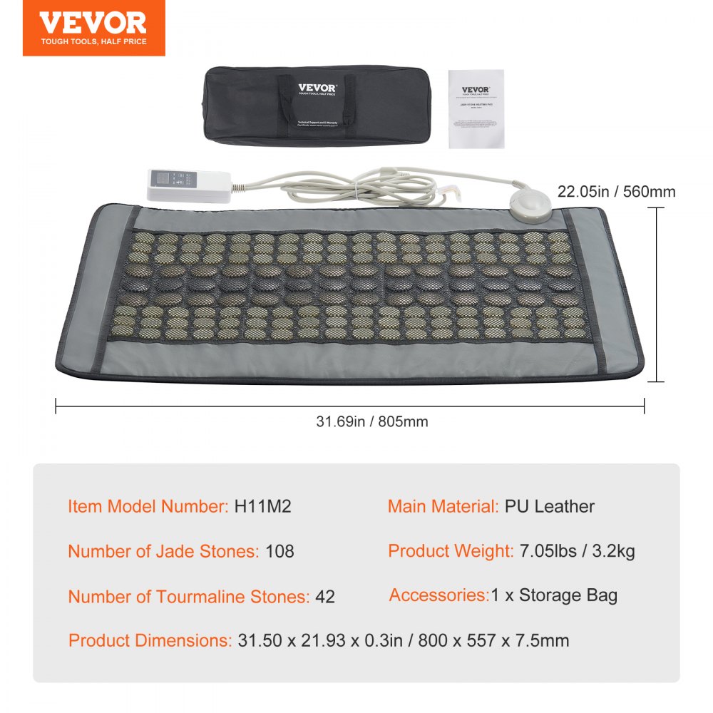 VEVOR Far Infrared Heating Pad, 108 Natural Jade and 42 Tourmaline Stone Heating Pads for Full Back Pain Relief, 103-159°F Heating Pad with Smart Controller and Automatic Shut-Off (Medium Size 31.5 x 21.93 Inches)