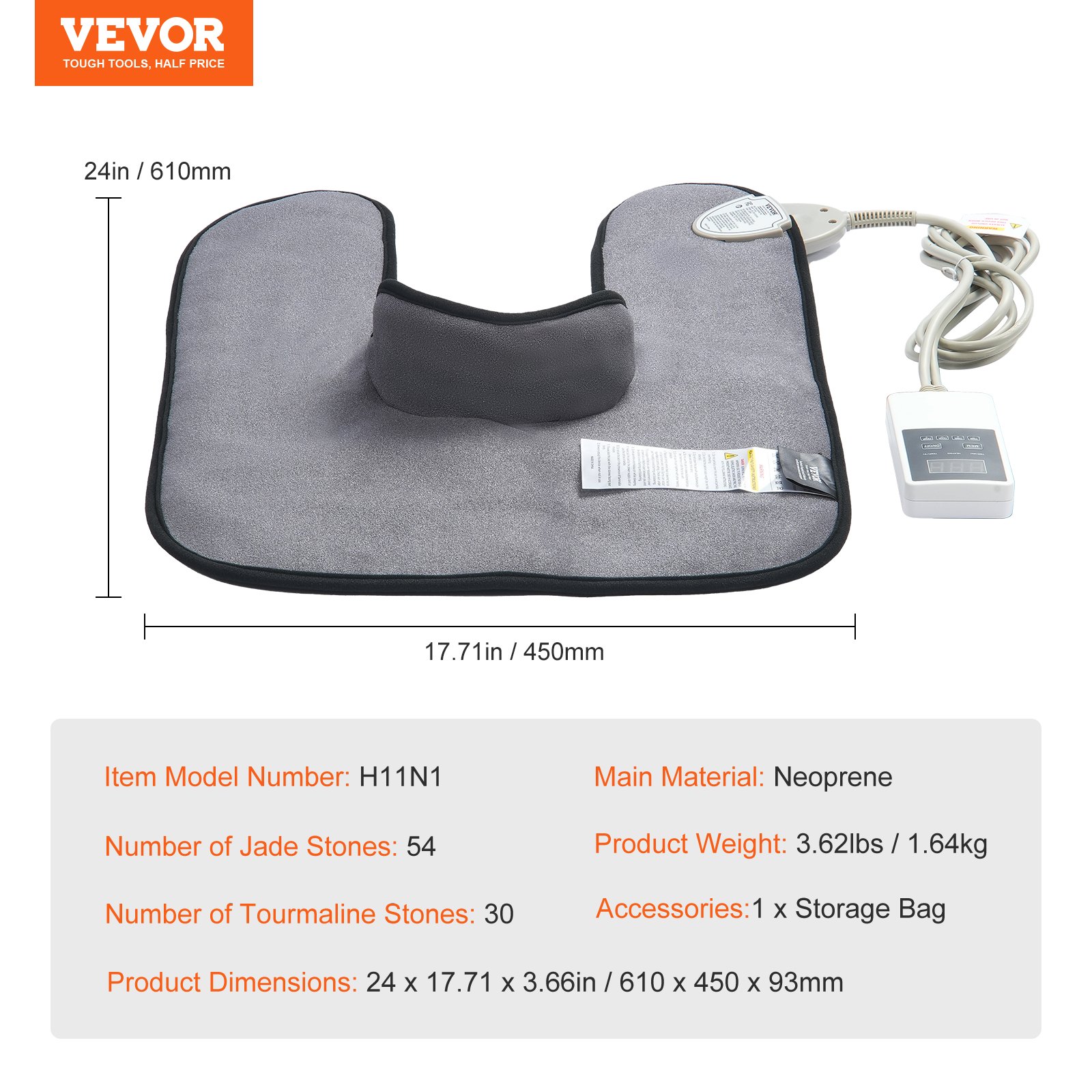 VEVOR Far Infrared Heating Pad, 54 Natural Jade and 30 Tourmaline Stones, Heating Pad for Neck and Shoulder Pain Relief, 103-159°F Heating Pad with Smart Controller and Automatic Shut-Off, Ideal Gift for Mom and Dad